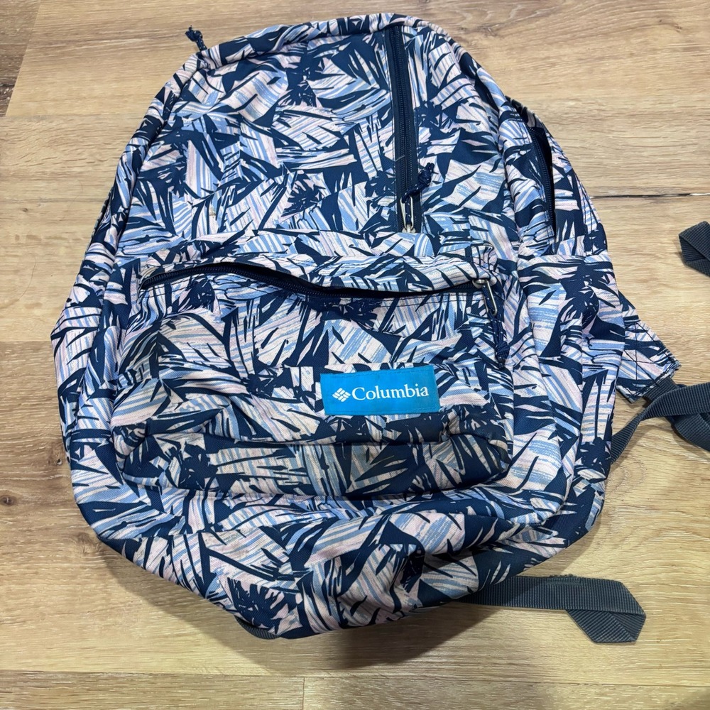 Columbia Tropical Palm Print Backpack Navy Blue Pink Laptop Sleeve School Bag